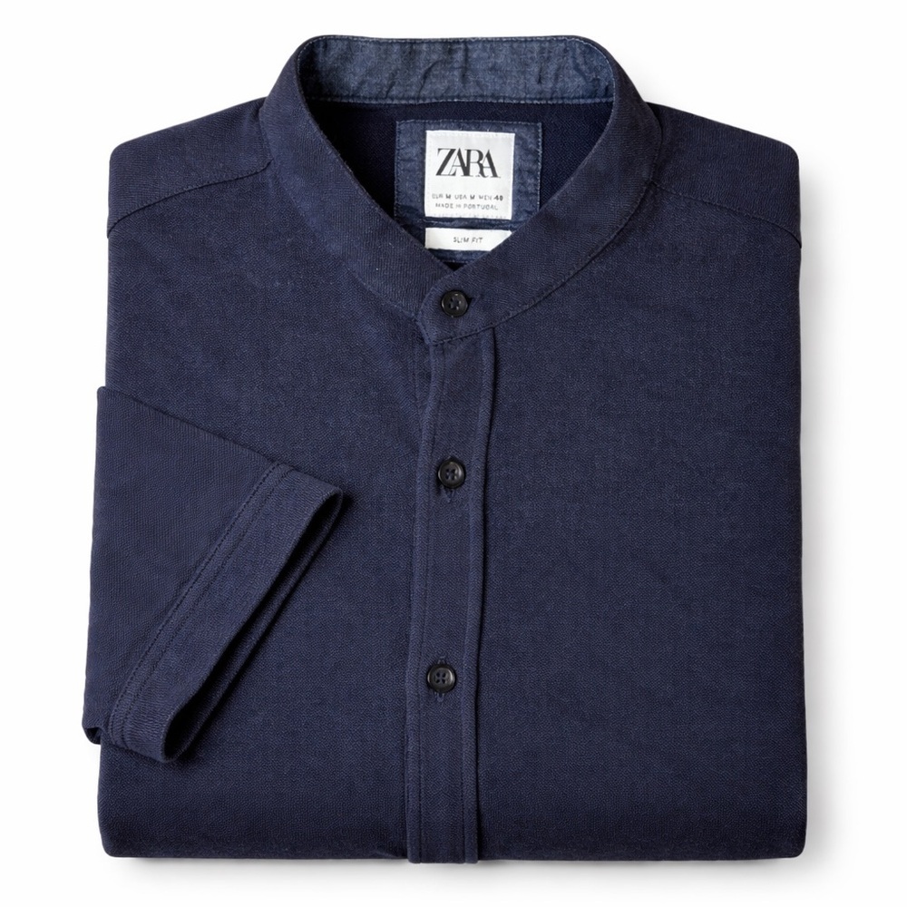 Zara Men Navy Blue Slim Fit Short Sleeve Mandarin Collar Button-Up Shirt medium